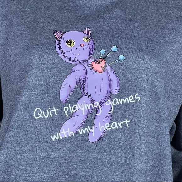 Heather Navy Pullover Hoodie Sweatshirt Voodoo Kitty Doll Quit Playing Graphic - Picture 8 of 9
